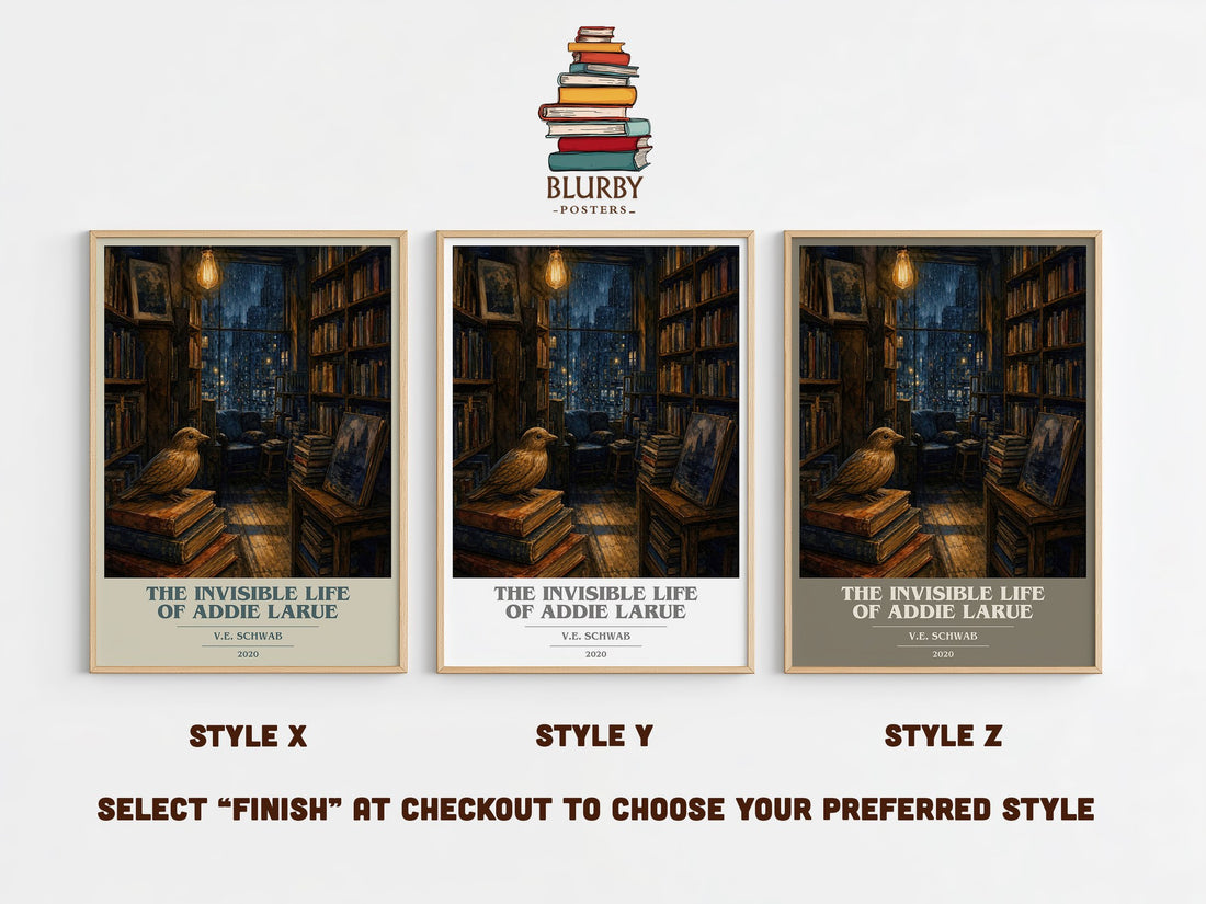 The Invisible Life of Addie LaRue book cover print in frame leaning in hallway – fantasy wall art (mockup)