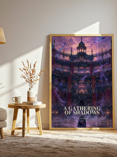A Gathering of Shadows watercolour print in frame leaning in hallway – fantasy wall art