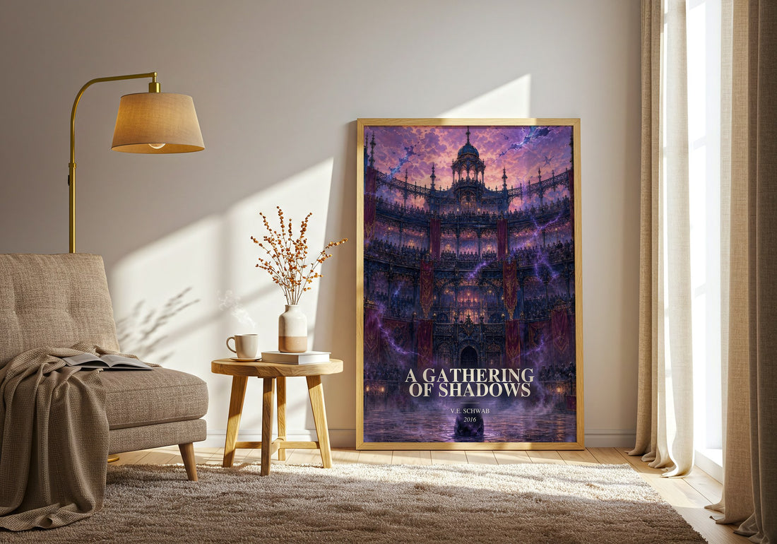 A Gathering of Shadows watercolour print in frame leaning in hallway – fantasy wall art (mockup)