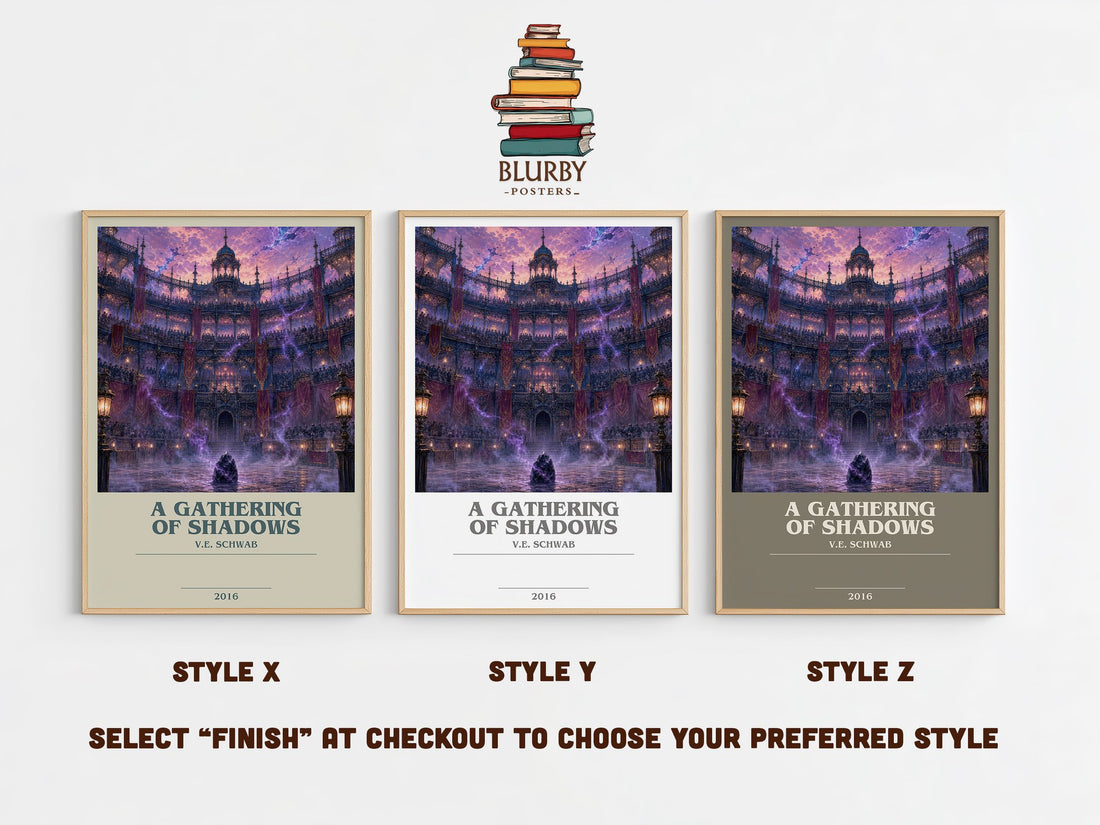 A Gathering of Shadows bookish print in frame leaning in hallway – fantasy wall art (mockup)