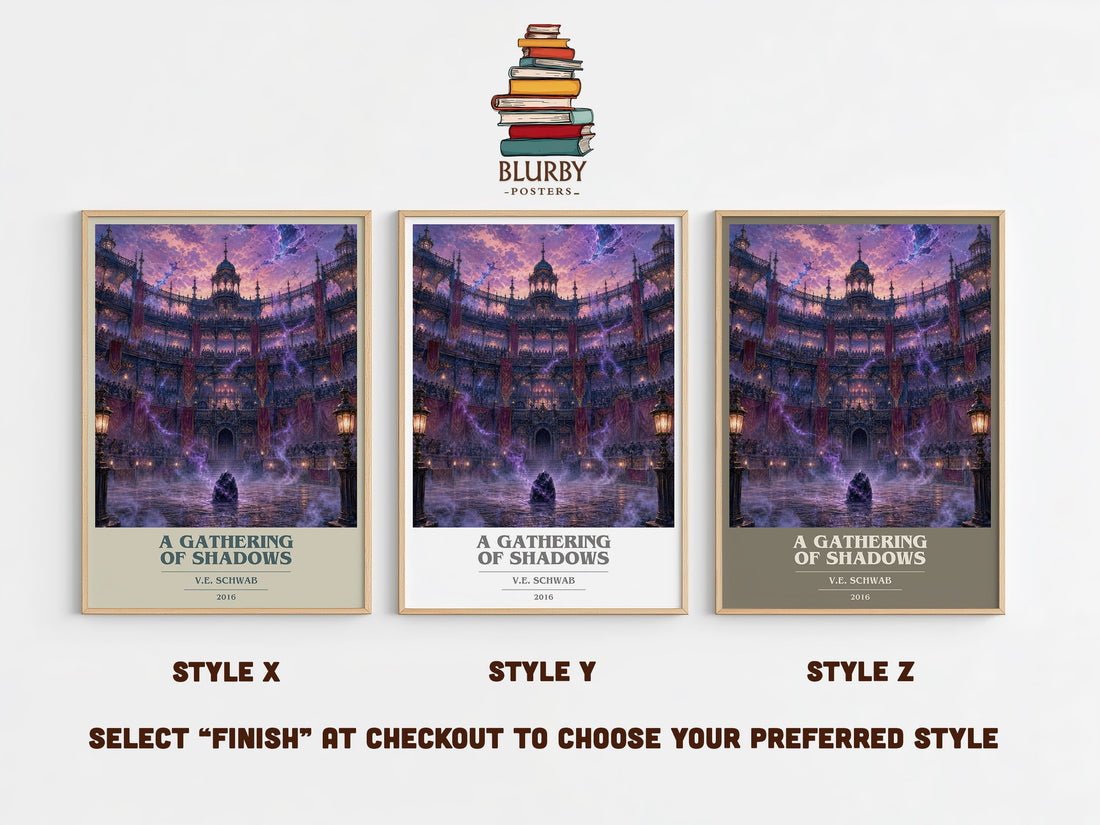 A Gathering of Shadows book cover print in frame leaning in hallway – fantasy wall art (mockup)