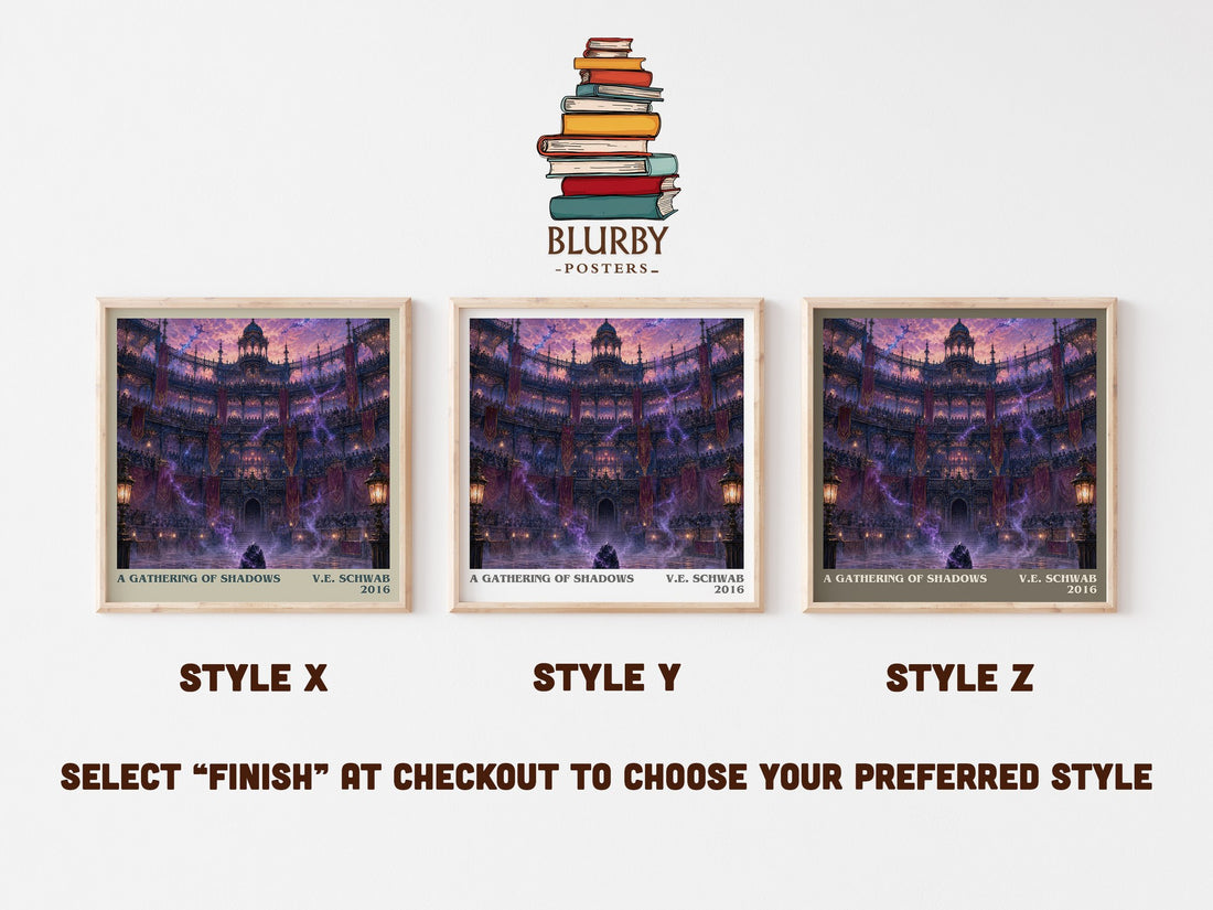 A Gathering of Shadows literary print in frame leaning in hallway – fantasy wall art (mockup)