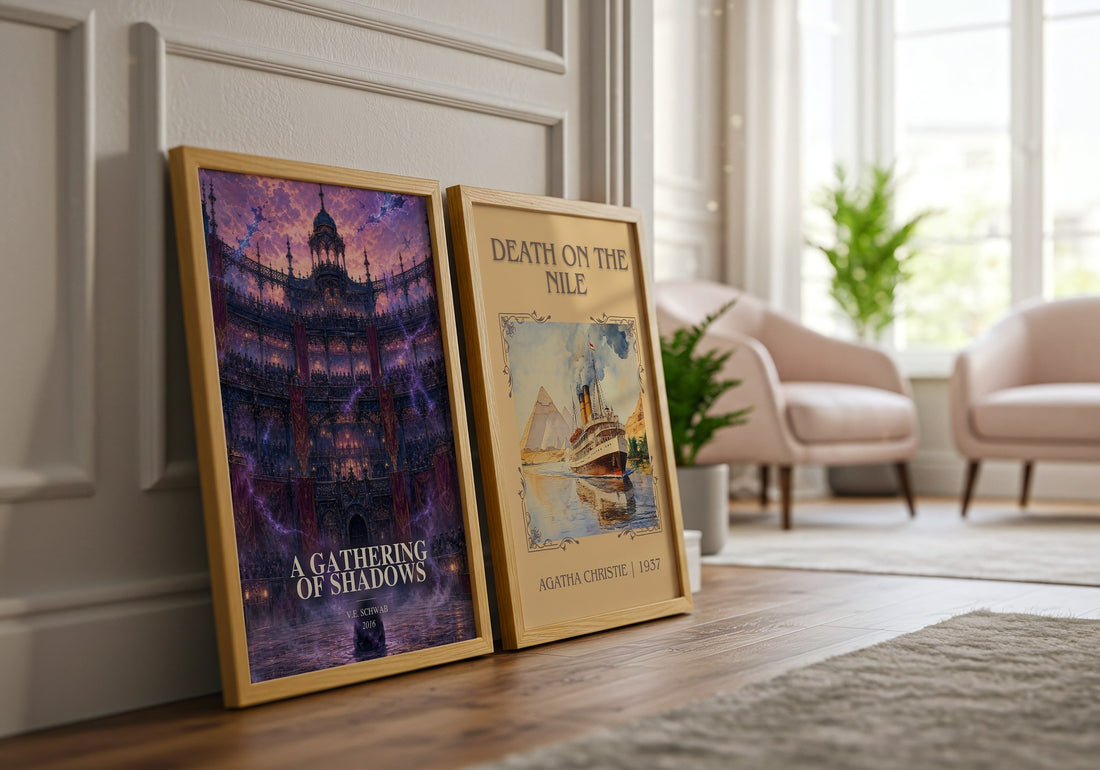 A Gathering of Shadows watercolour print framed by window – literary home decor