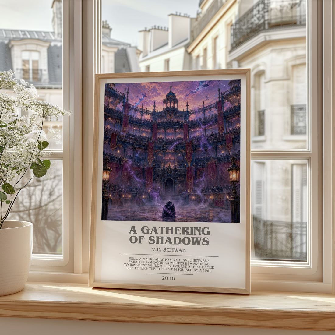 A Gathering of Shadows Bookish Wall Art by V.E. Schwab – framed print by a bright window