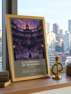 A Gathering of Shadows Bookish Wall Art by V.E. Schwab – framed print on a city-view windowsill