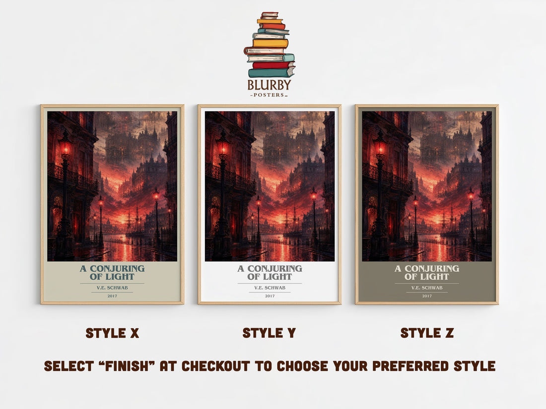 A Conjuring of Light book cover print in frame leaning in hallway – fantasy wall art (mockup)