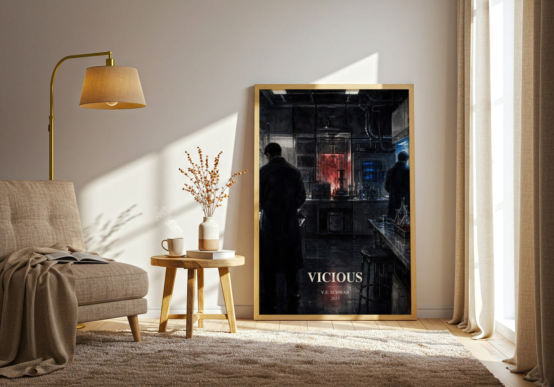 Vicious watercolour print in frame leaning in hallway – fantasy wall art (mockup)