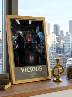 Vicious book cover print framed by window – literary home decor