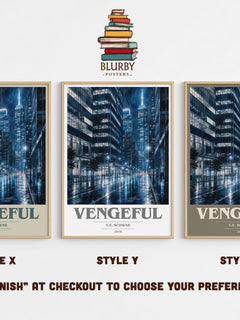Vengeful book cover print in frame leaning in hallway – fantasy wall art