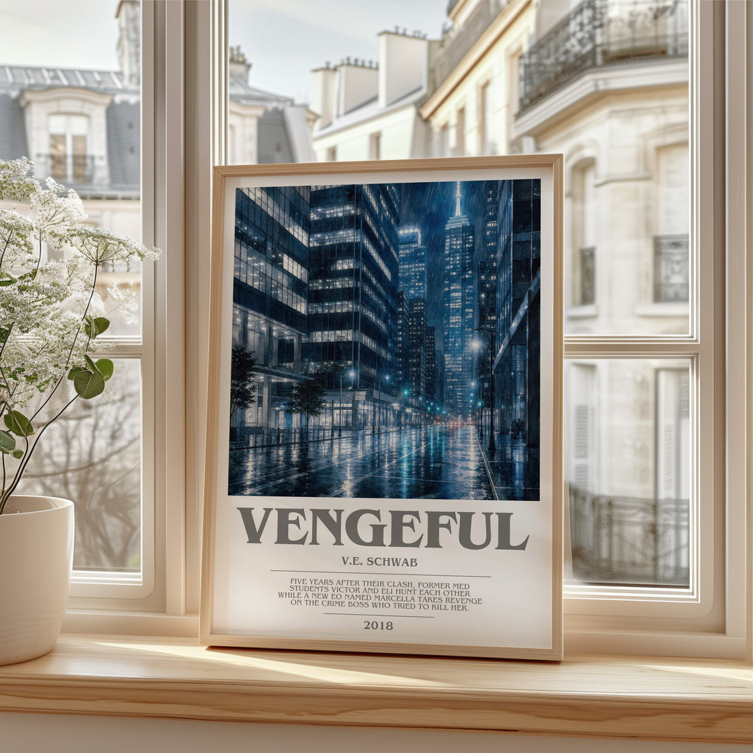 Vengeful Bookish Wall Art by V.E. Schwab – framed print by a bright window