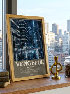 Vengeful Bookish Wall Art by V.E. Schwab – framed print on a city-view windowsill