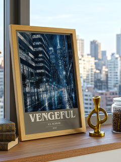 Vengeful book cover print framed by window – literary home decor