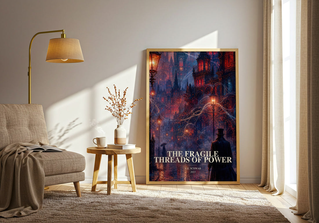 The Fragile Threads of Power watercolour print in frame leaning in hallway – fantasy wall art (mockup)