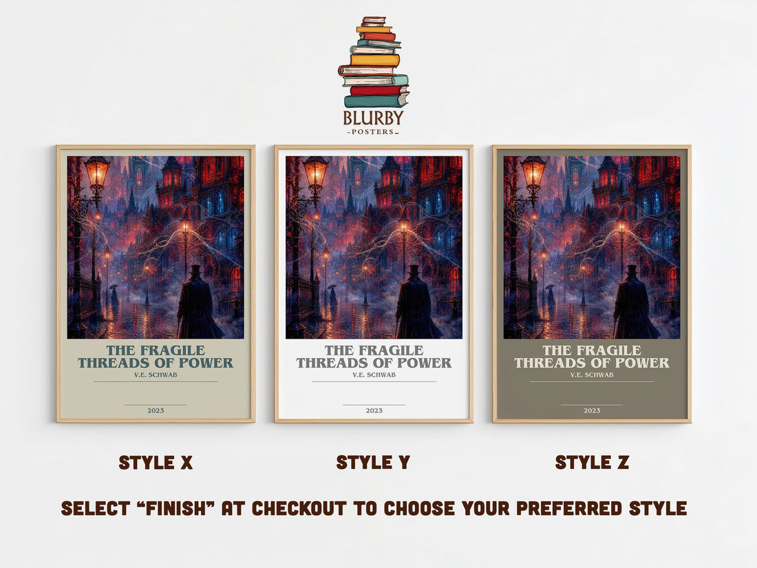 The Fragile Threads of Power bookish print in frame leaning in hallway – fantasy wall art (mockup)