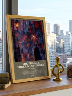 The Fragile Threads of Power Bookish Wall Art by V.E. Schwab – framed print on a city-view windowsill