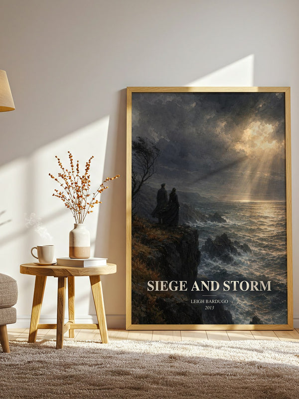 Siege and Storm watercolour print in frame leaning in hallway – fantasy wall art