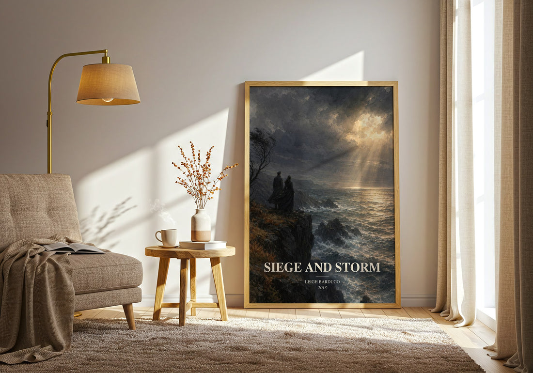 Siege and Storm watercolour print in frame leaning in hallway – fantasy wall art (mockup)