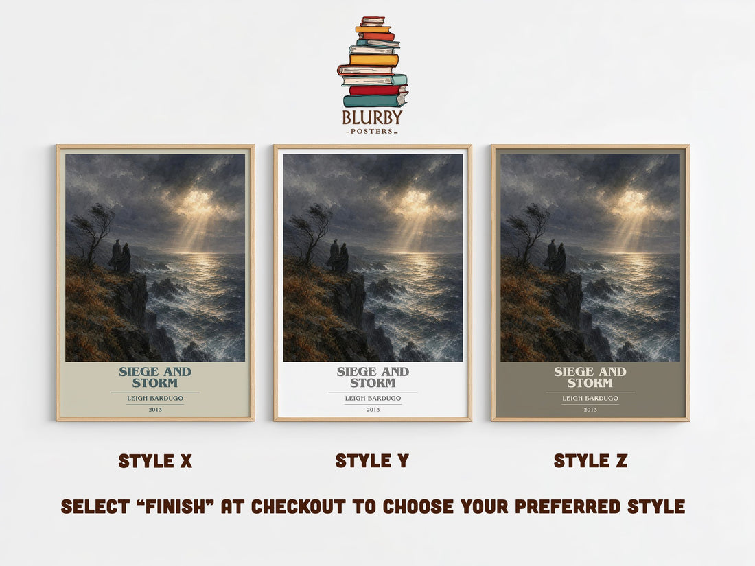 Siege and Storm book cover print in frame leaning in hallway – fantasy wall art (mockup)
