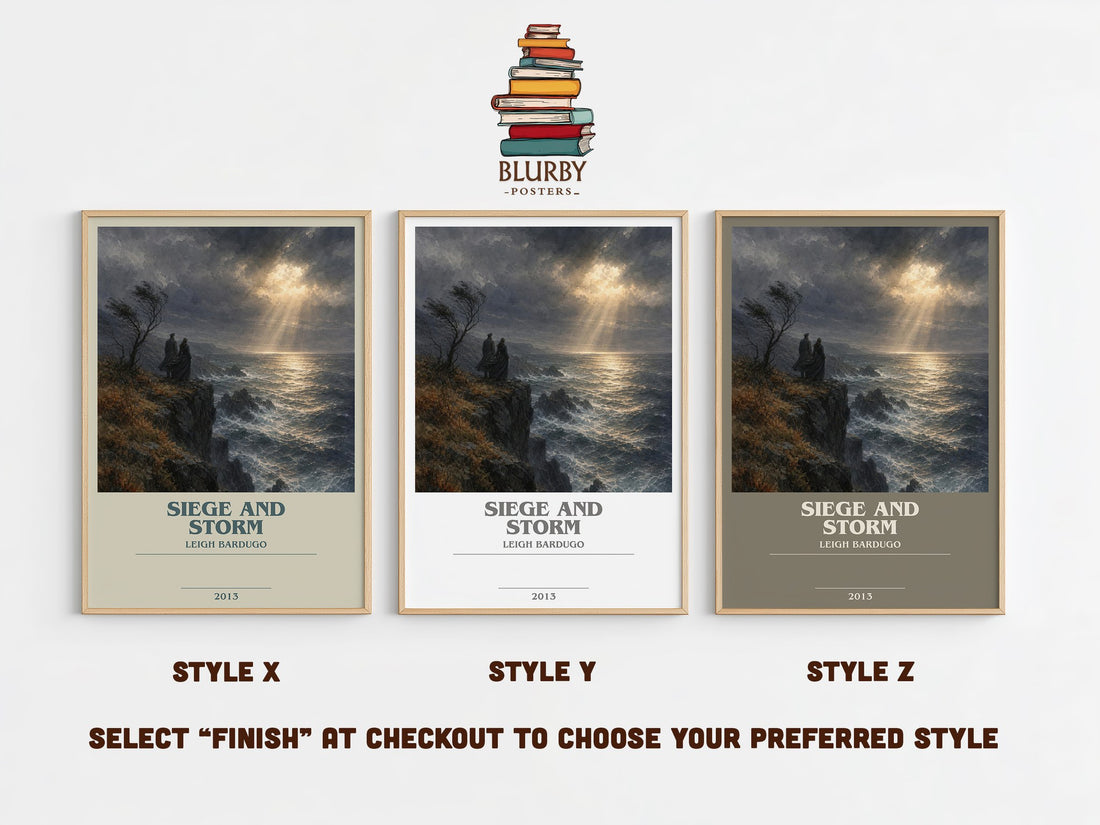 Siege and Storm bookish print in frame leaning in hallway – fantasy wall art (mockup)
