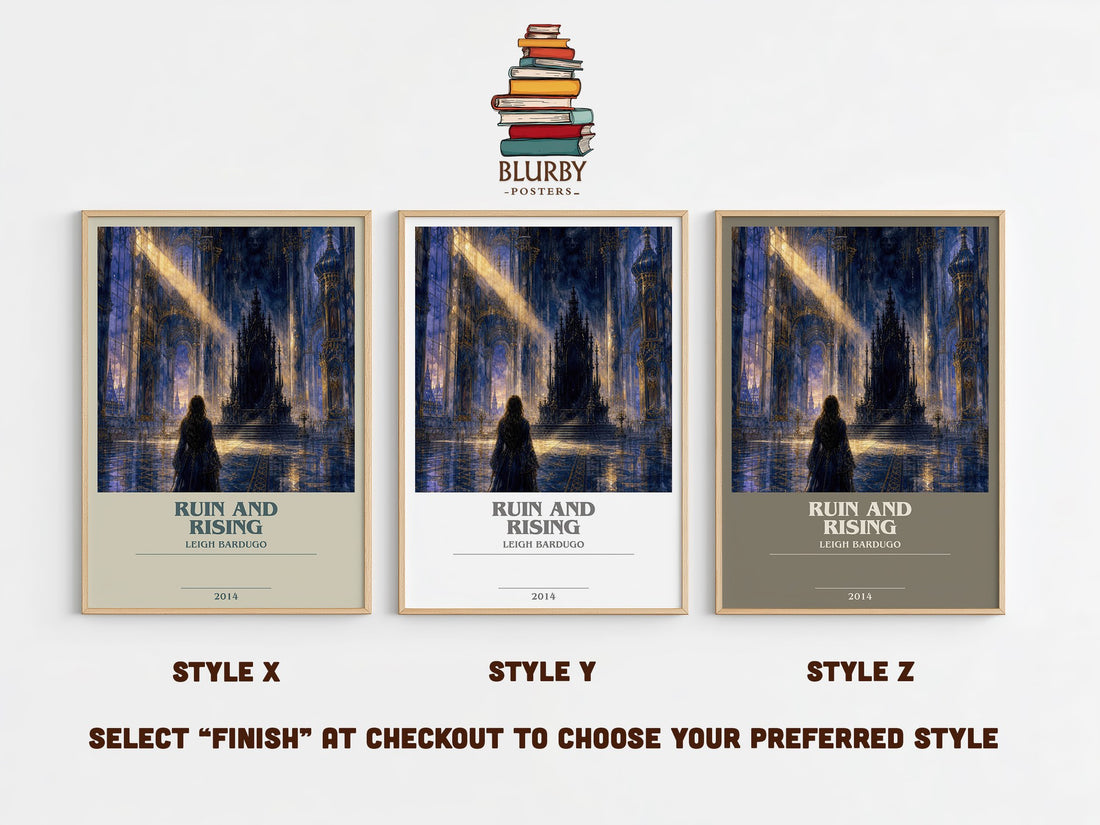 Ruin and Rising bookish print in frame leaning in hallway – fantasy wall art (mockup)