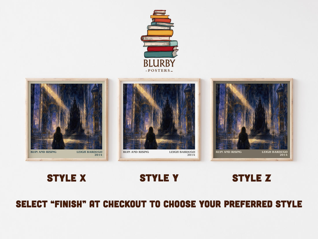 Ruin and Rising literary print in frame leaning in hallway – fantasy wall art (mockup)