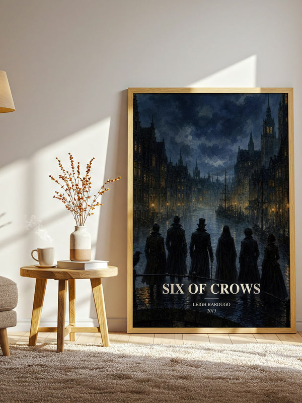 Six of Crows watercolour print in frame leaning in hallway – fantasy wall art