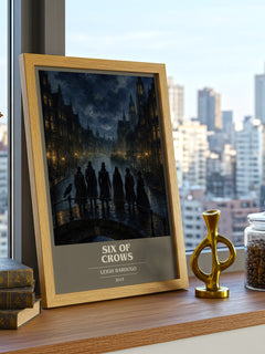 Six of Crows Book Cover Poster by Leigh Bardugo – framed print on a city-view windowsill