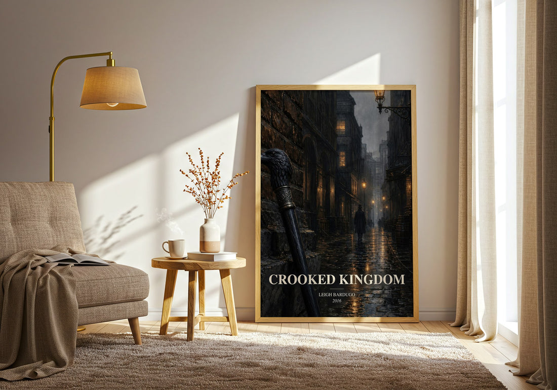Crooked Kingdom watercolour print in frame leaning in hallway – fantasy wall art (mockup)