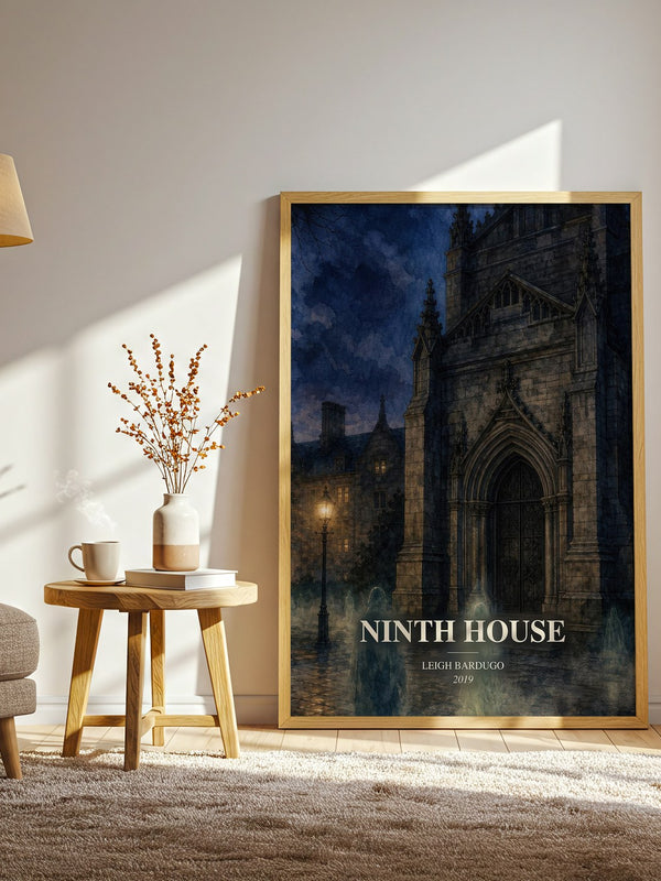 Ninth House watercolour print in frame leaning in hallway – fantasy wall art