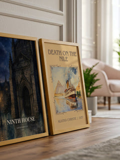 Ninth House watercolour print framed by window – literary home decor