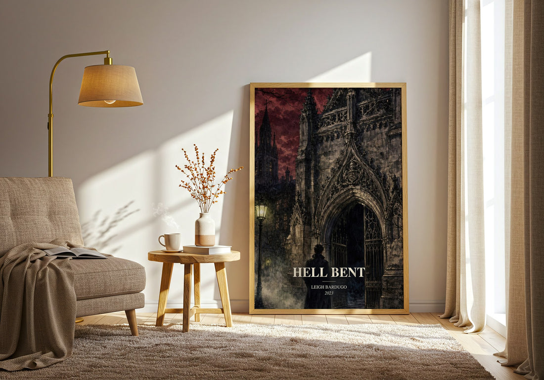 Hell Bent watercolour print in frame leaning in hallway – fantasy wall art (mockup)