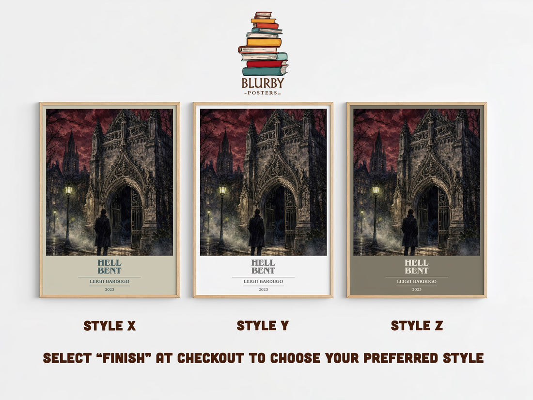 Hell Bent book cover print in frame leaning in hallway – fantasy wall art (mockup)