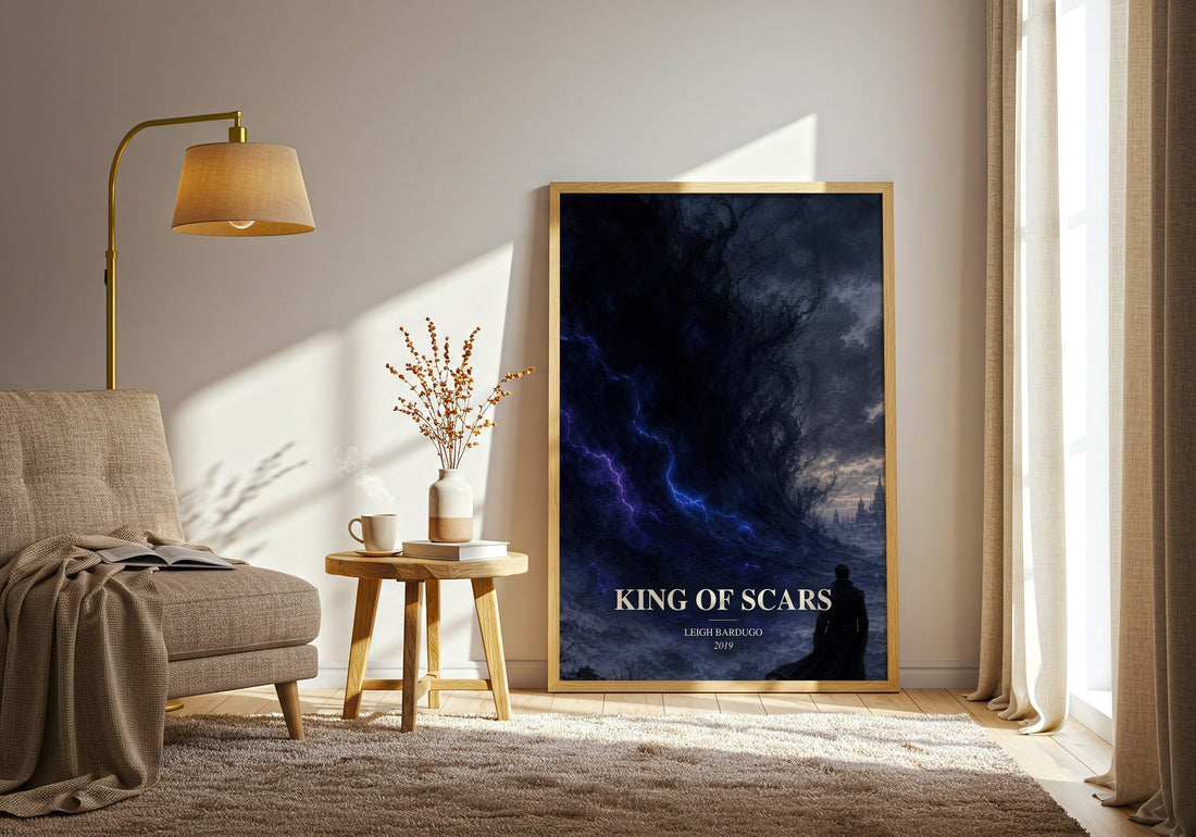 King of Scars watercolour print in frame leaning in hallway – fantasy wall art (mockup)