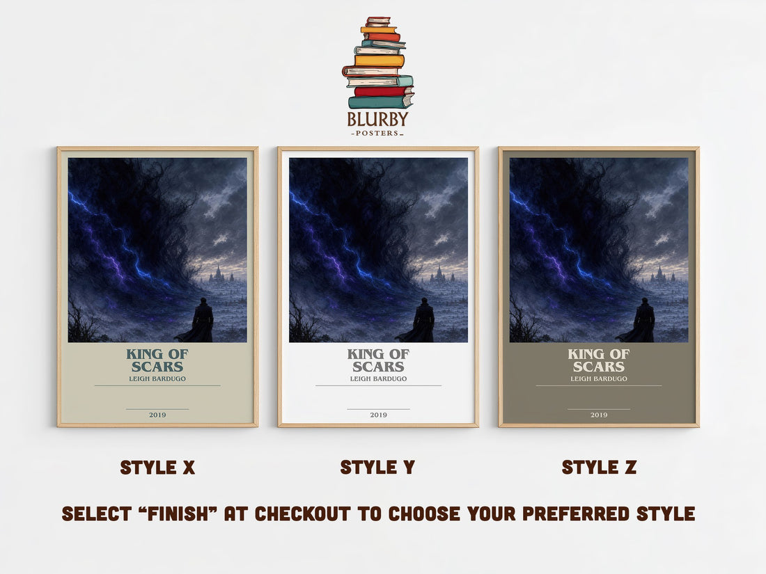 King of Scars bookish print in frame leaning in hallway – fantasy wall art (mockup)