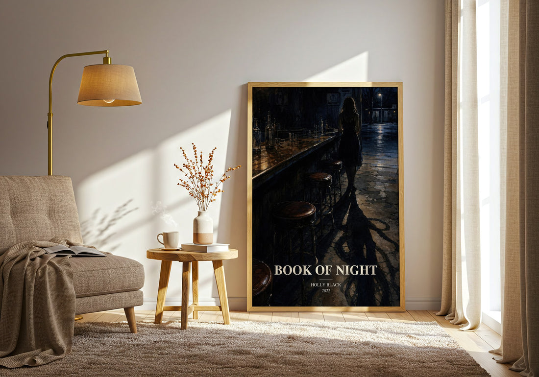 Book of Night watercolour print in frame leaning in hallway – fantasy wall art (mockup)