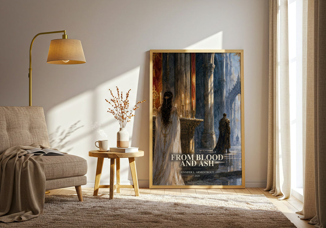 From Blood and Ash watercolour print in frame leaning in hallway – fantasy wall art (mockup)