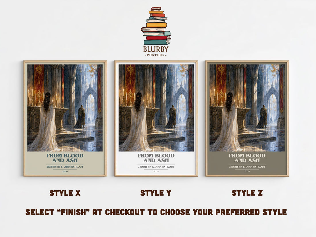 From Blood and Ash book cover print in frame leaning in hallway – fantasy wall art (mockup)