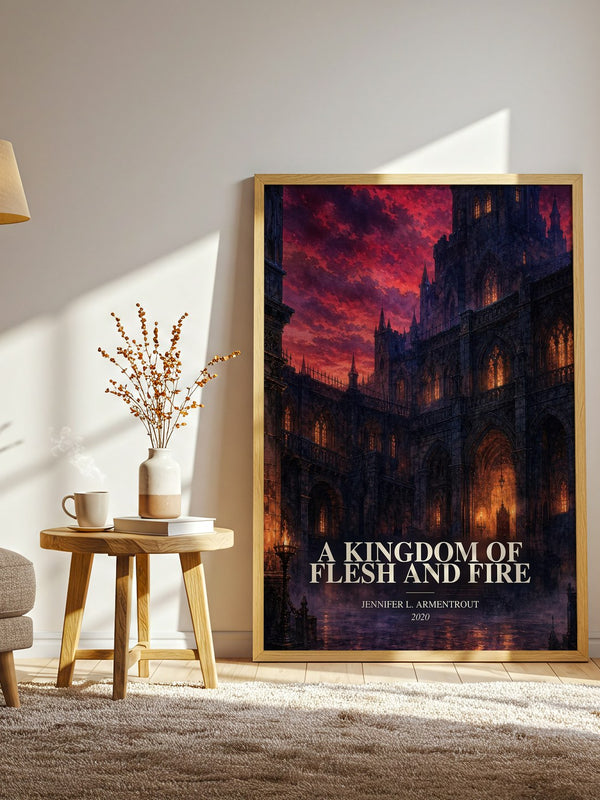 A Kingdom of Flesh and Fire watercolour print in frame leaning in hallway – fantasy wall art