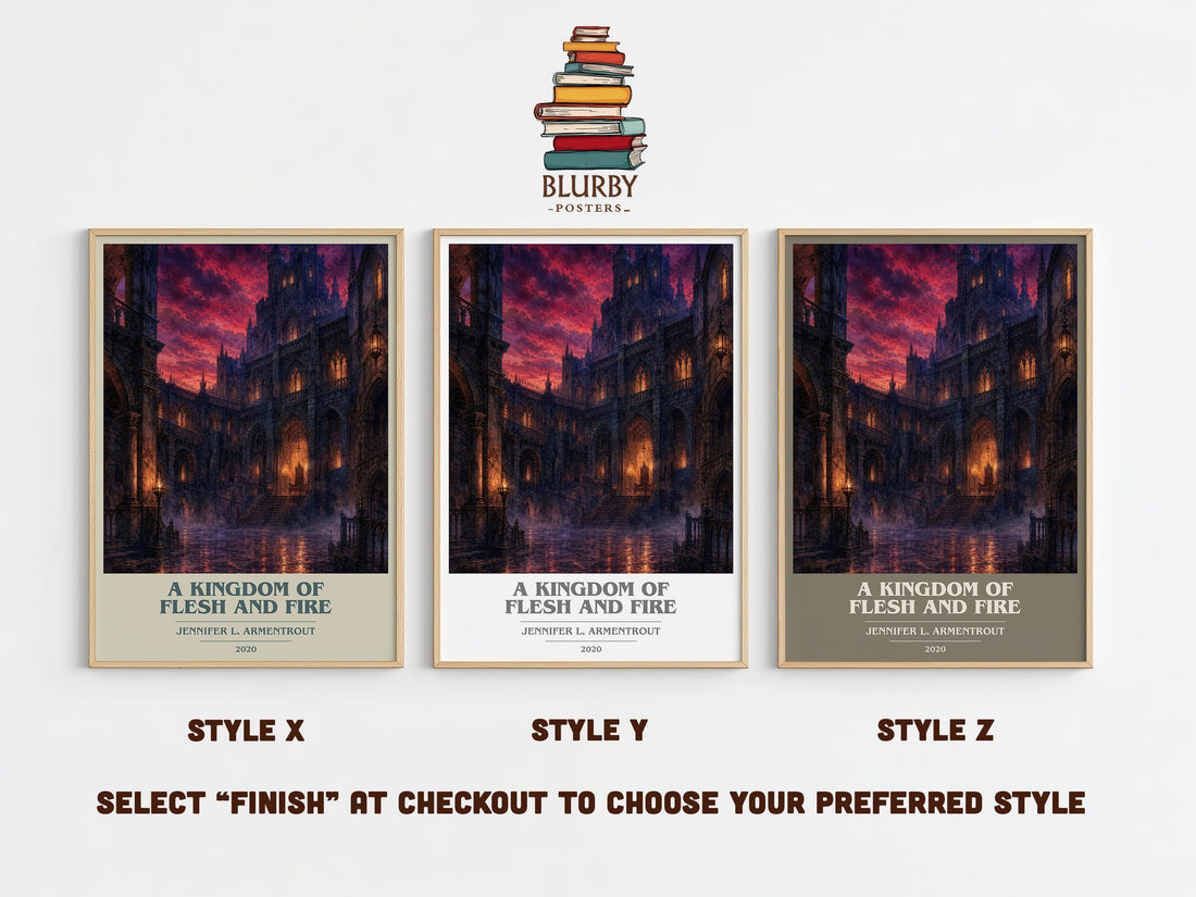 A Kingdom of Flesh and Fire book cover print in frame leaning in hallway – fantasy wall art (mockup)