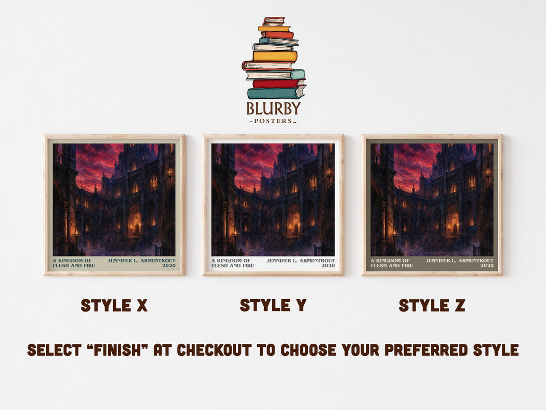A Kingdom of Flesh and Fire literary print in frame leaning in hallway – fantasy wall art (mockup)