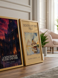 A Kingdom of Flesh and Fire watercolour print framed by window – literary home decor