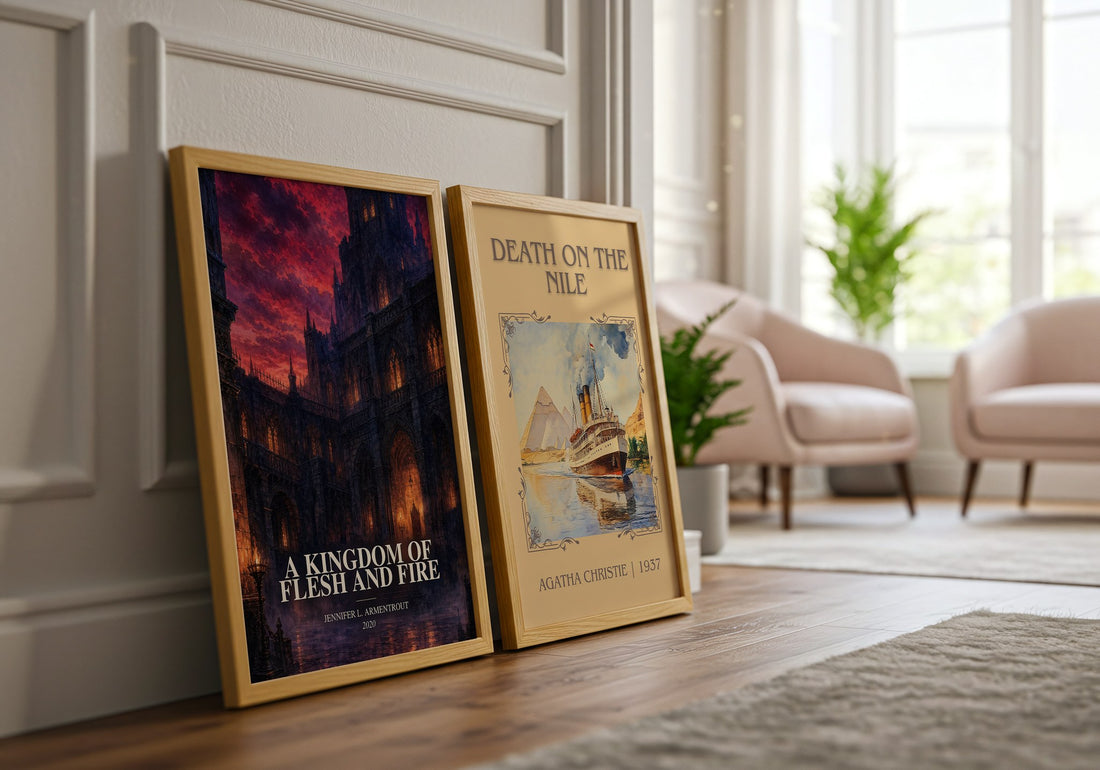 A Kingdom of Flesh and Fire watercolour print framed by window – literary home decor