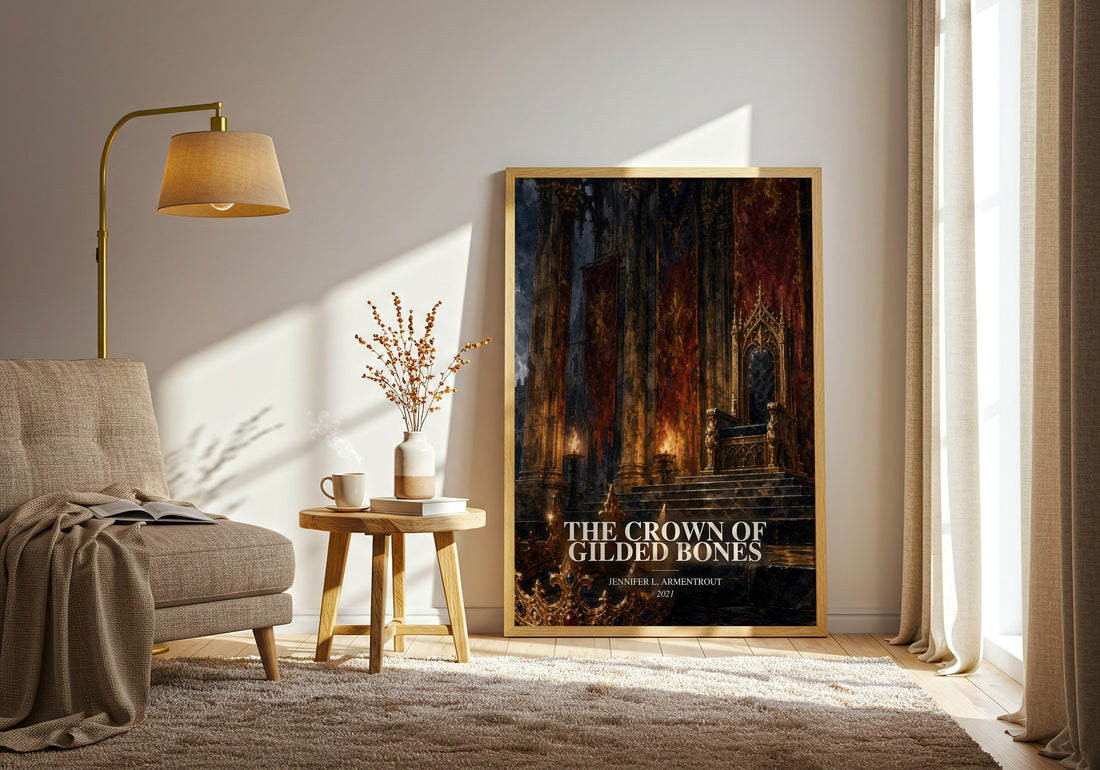 The Crown of Gilded Bones watercolour print in frame leaning in hallway – fantasy wall art (mockup)
