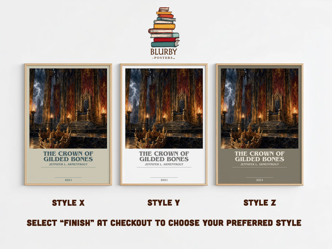 The Crown of Gilded Bones bookish print in frame leaning in hallway – fantasy wall art (mockup)