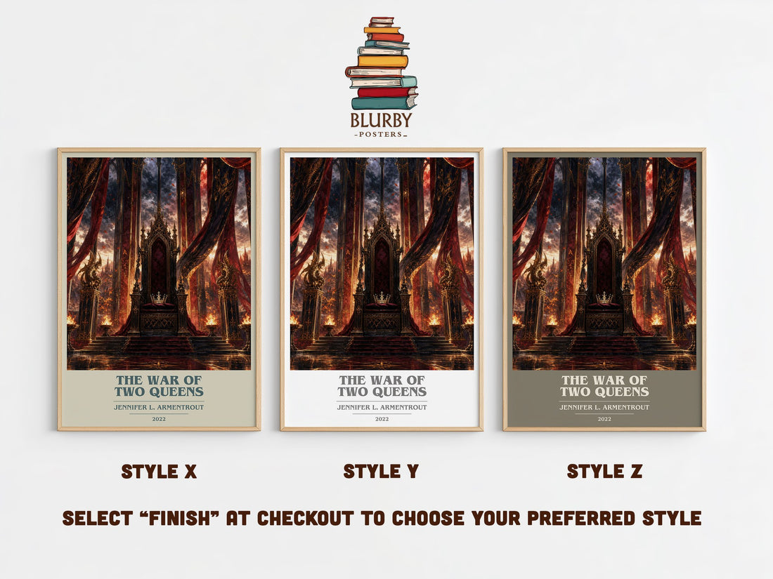 The War of Two Queens book cover print in frame leaning in hallway – fantasy wall art (mockup)