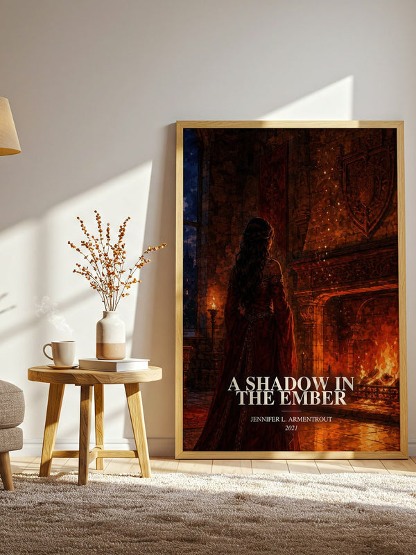 A Shadow in the Ember watercolour print in frame leaning in hallway – fantasy wall art