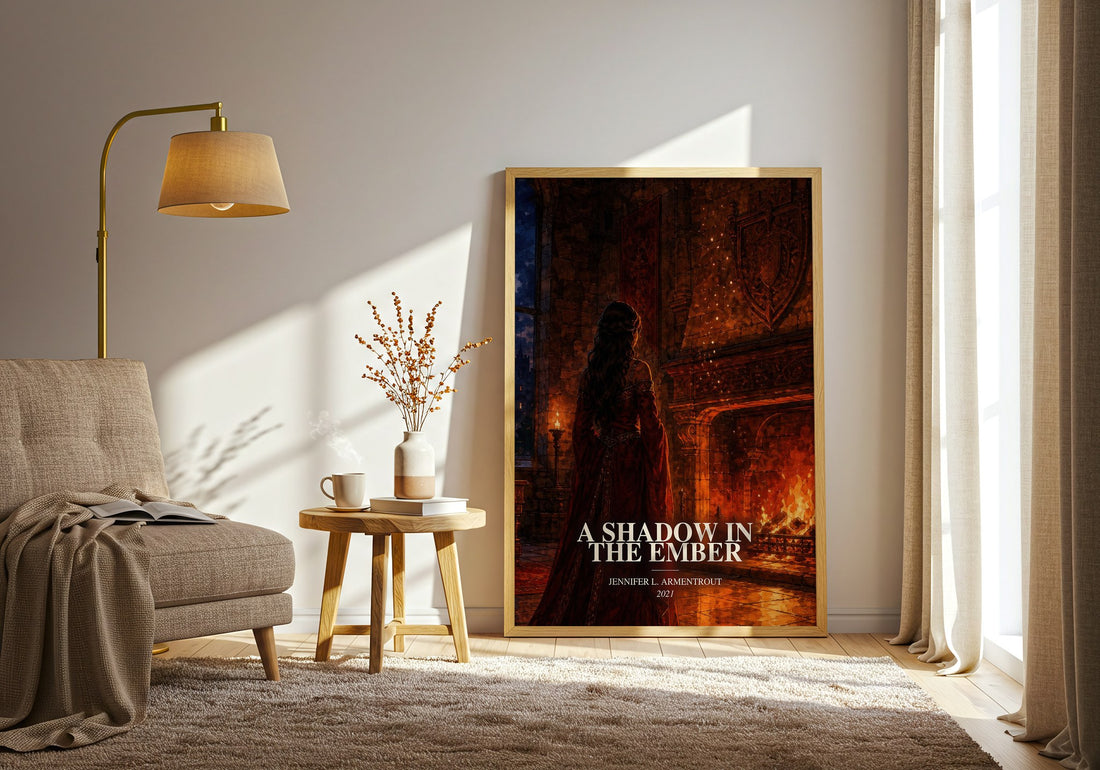 A Shadow in the Ember watercolour print in frame leaning in hallway – fantasy wall art (mockup)