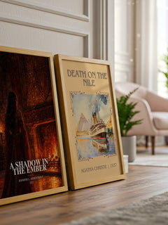 A Shadow in the Ember watercolour print framed by window – literary home decor