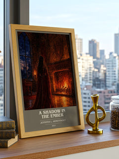 A Shadow in the Ember book cover print framed by window – literary home decor