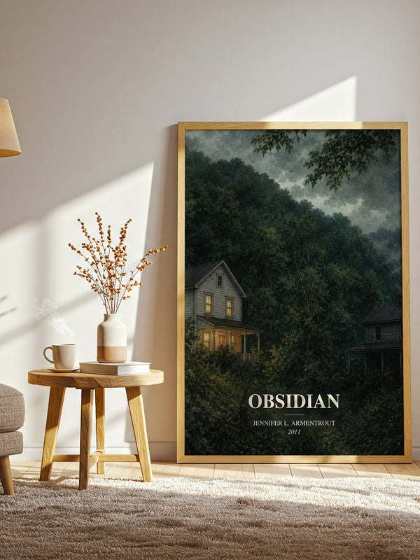 Obsidian watercolour print in frame leaning in hallway – young adult wall art